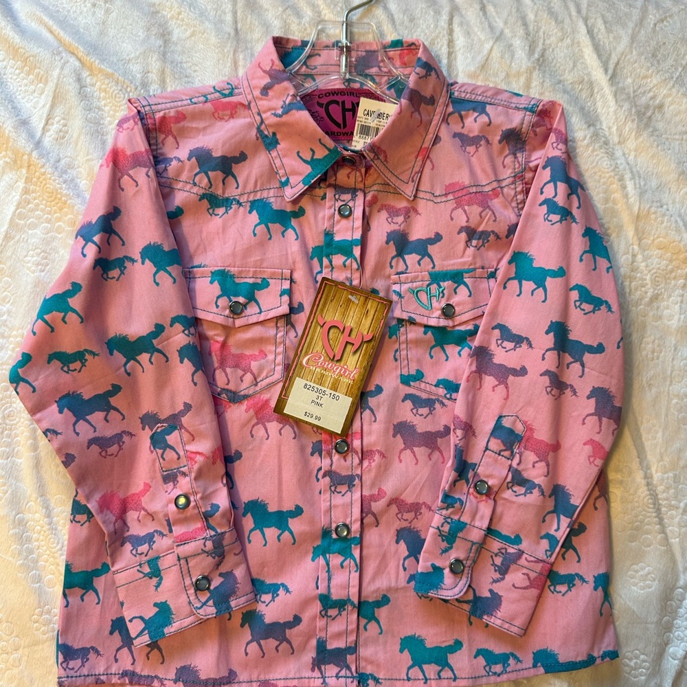 Children's Pink and Blue Horse Print Button-Down Shirt